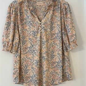 MELLODAY Floral Button-Front Blouse in Peach and Blue